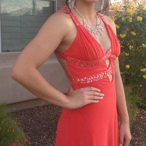 Red open back prom dress